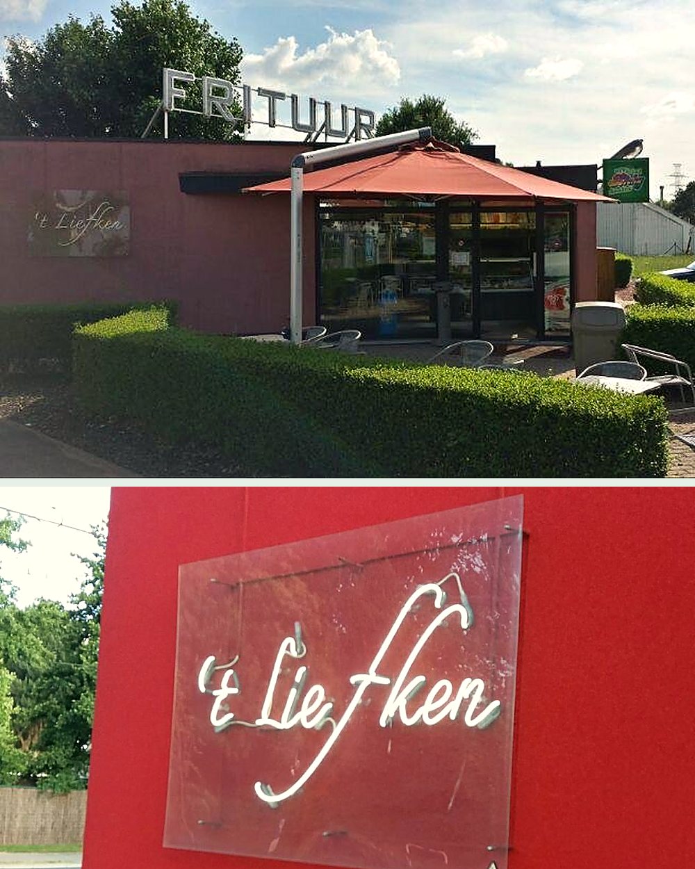Frituur 't Liefken in Wondelgem: de voorkant met terras en het neonbord